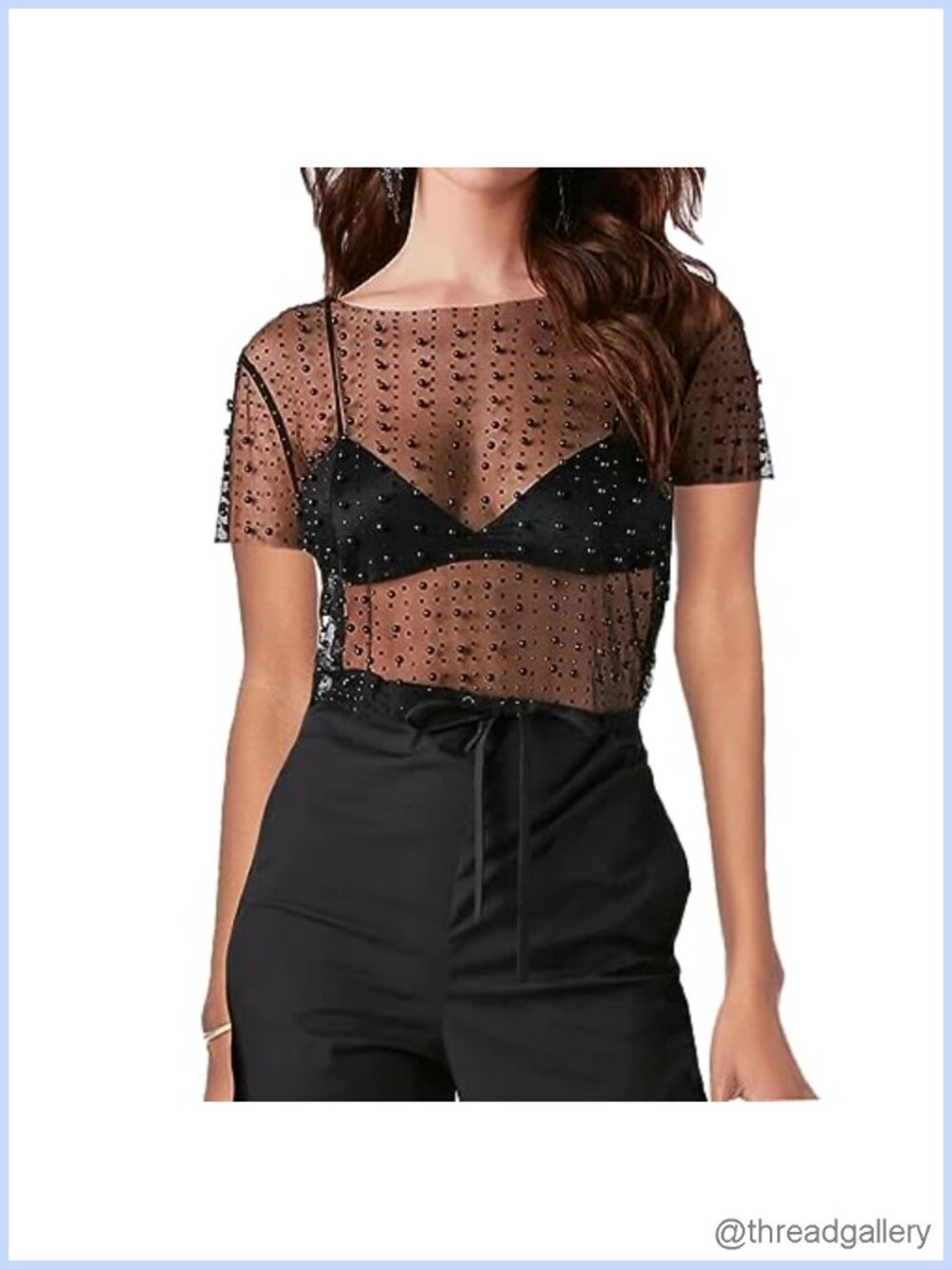 Pearl Rhinestone Sheer Mesh Crop Top